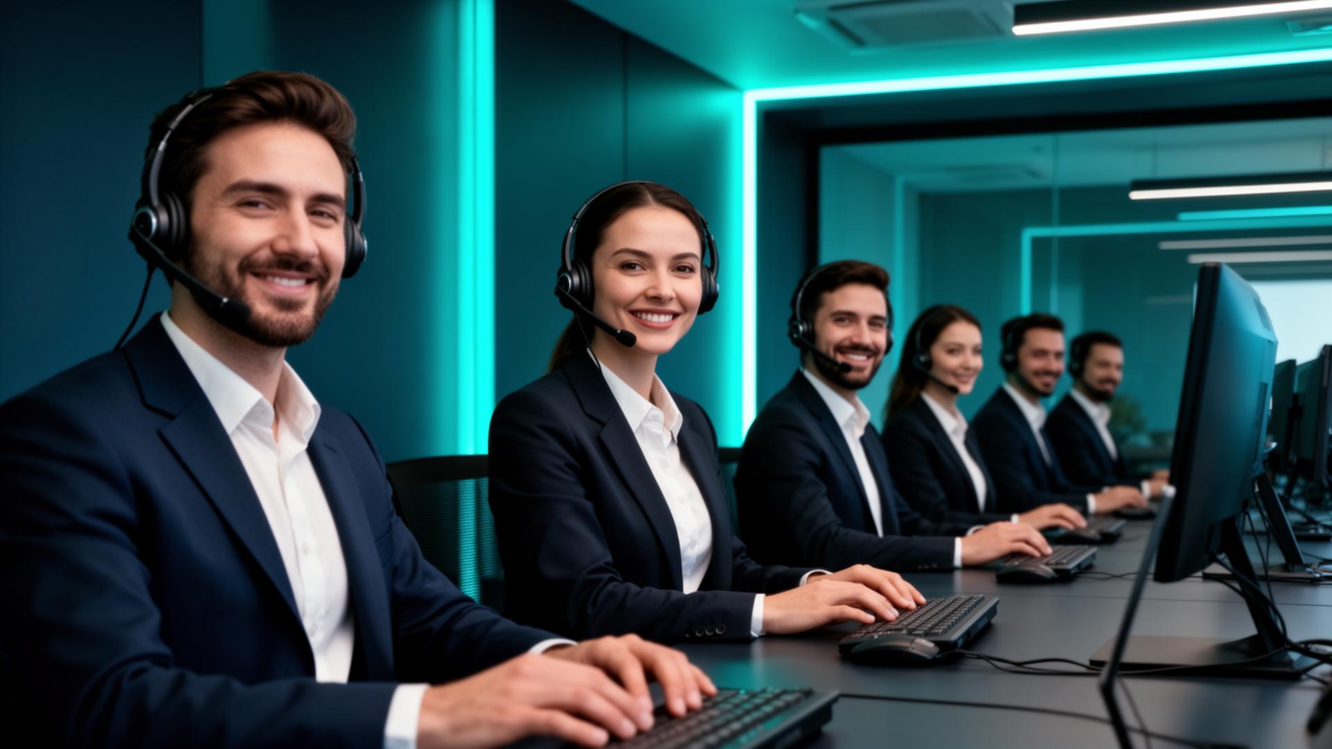 Professionelles Vertriebsteam mit Headsets im modernen Büro